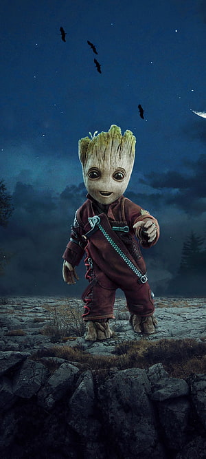 Baby Groot Standing on Rocky Terrain Under a Starry Night Sky with Bats HD phone wallpaper