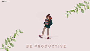 Lofi Girl Studying Illustration with Books and Headphones HD wallpaper