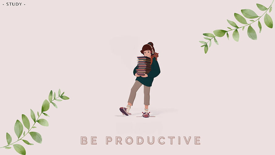 Lofi Girl Studying Illustration with Books and Headphones HD wallpaper