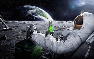Astronaut Relaxing on the Moon Surface with Earth in the Background HD wallpaper