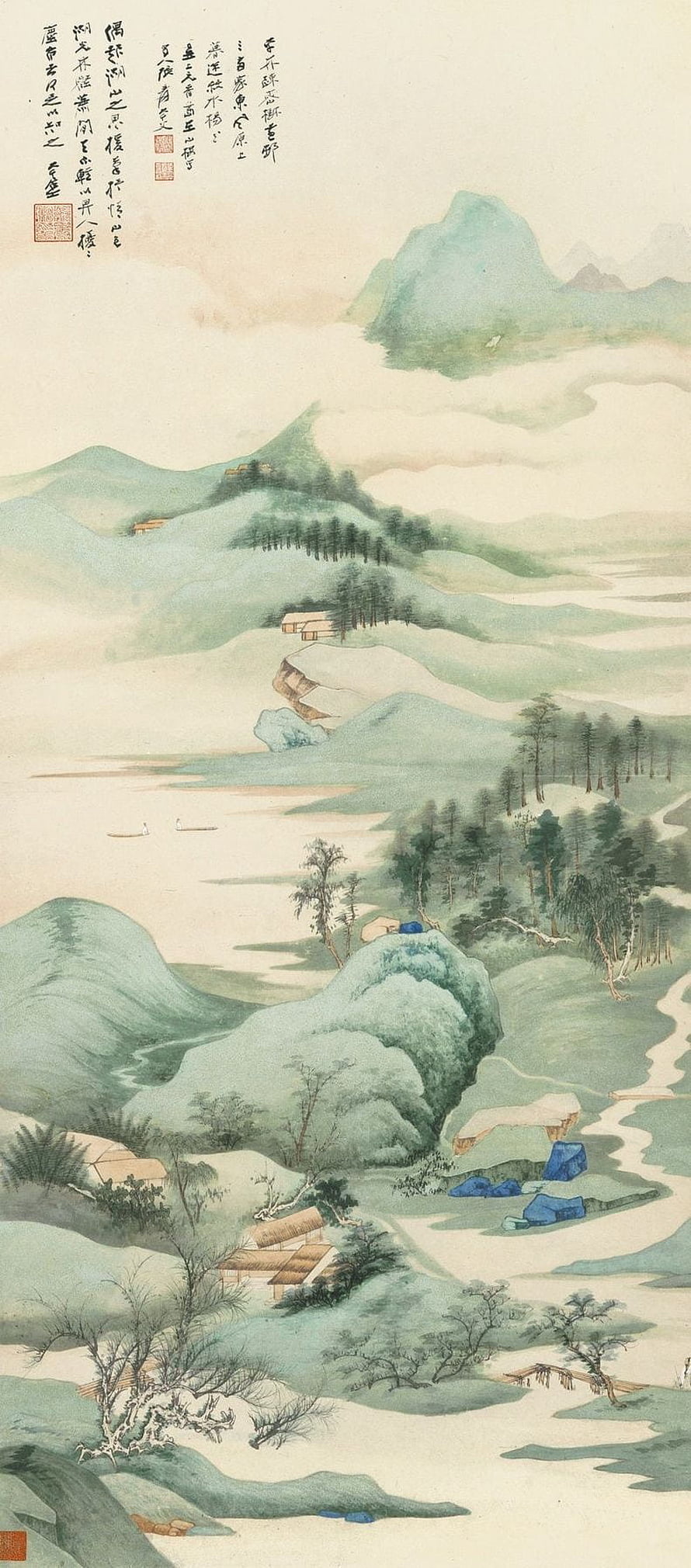 Traditional Chinese Landscape Painting with Misty Mountains and River HD phone wallpaper