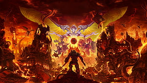 Doom Slayer Confronting the Dark Lord in a Hellish Inferno Landscape HD wallpaper