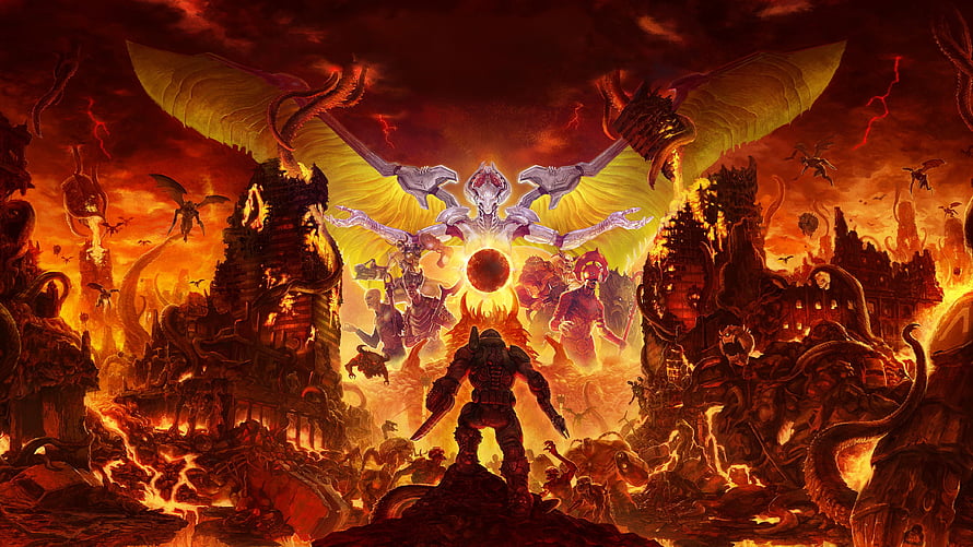 Doom Slayer Confronting the Dark Lord in a Hellish Inferno Landscape HD wallpaper