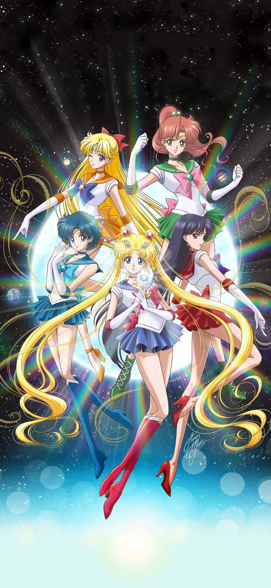 Sailor Moon Crystal Inner Senshi Group Artwork Against Cosmic Starfield Background HD phone wallpaper