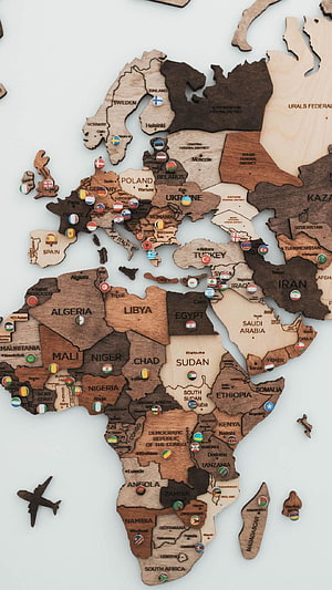 Wooden 3D World Map Wall Decor with Travel Pins and Airplane HD phone wallpaper