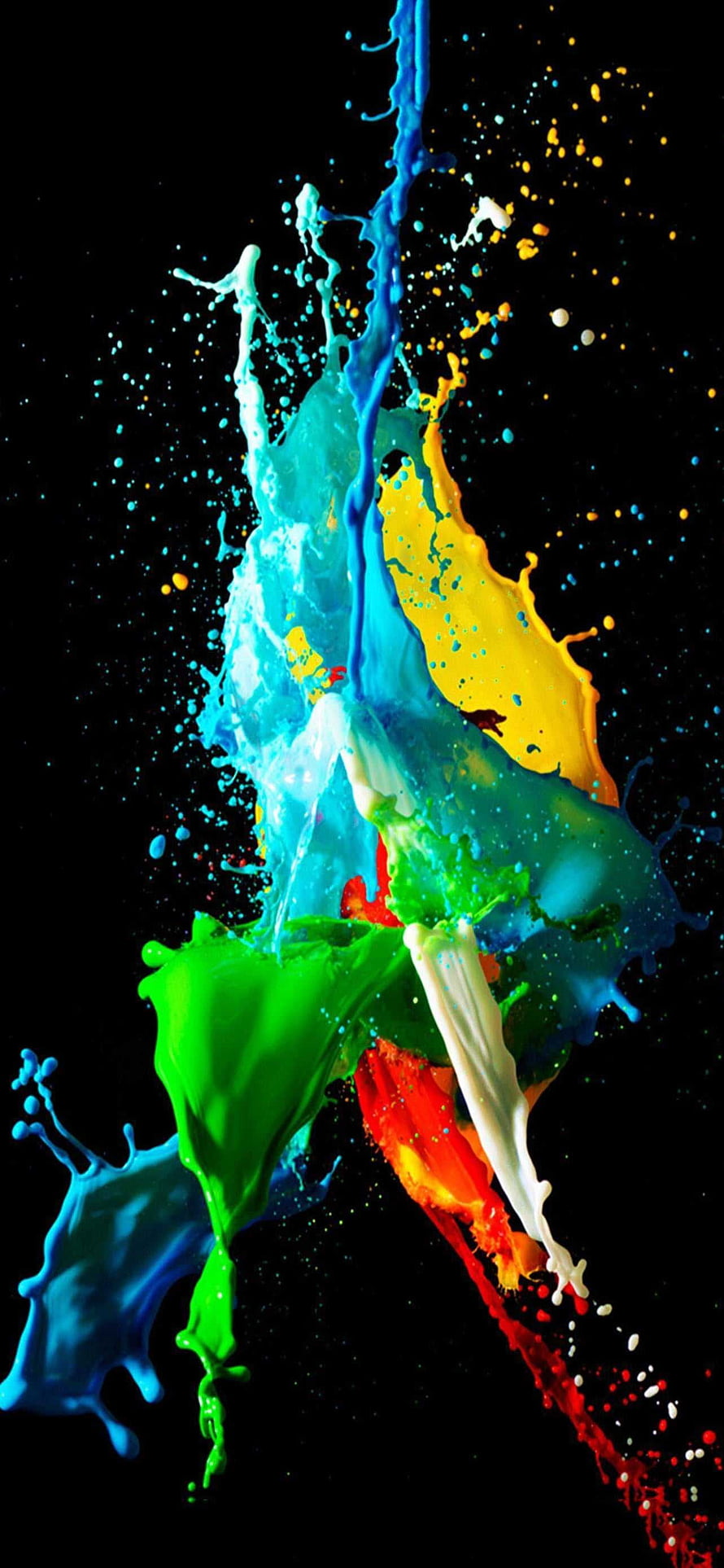 Vibrant multicolored paint splash frozen in motion against a black background HD phone wallpaper