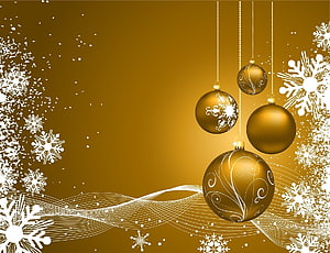 Elegant Gold Christmas Ornaments with White Snowflakes on a Warm Golden Background HD wallpaper