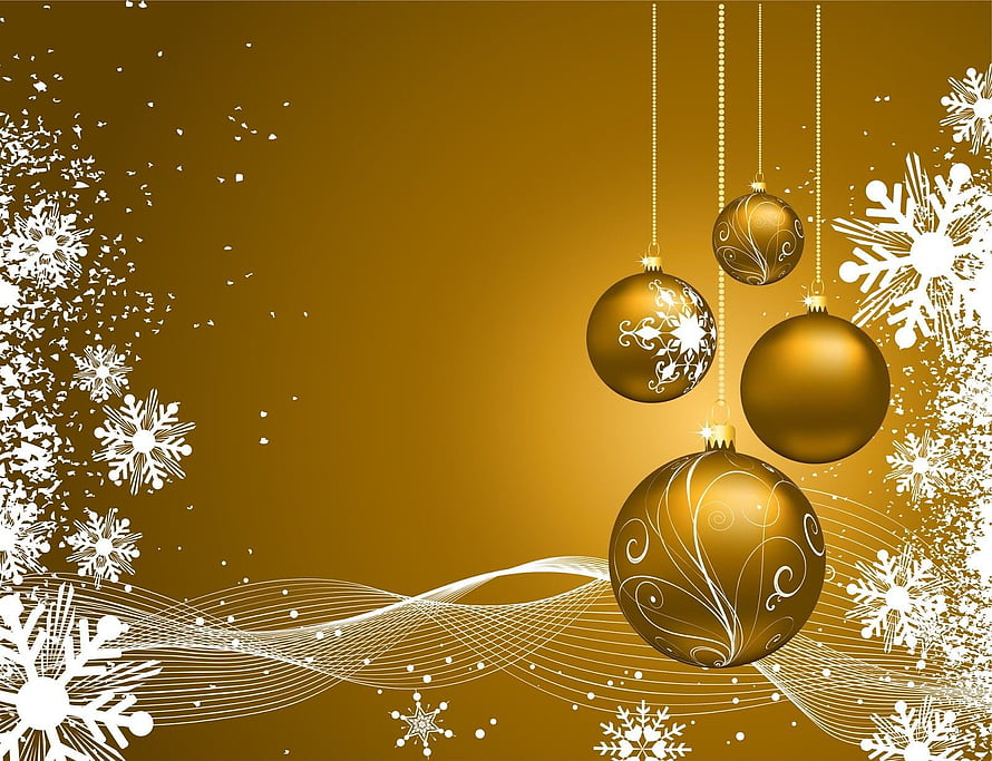 Elegant Gold Christmas Ornaments with White Snowflakes on a Warm Golden Background HD wallpaper