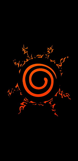 Naruto Uchiha Clan Crest with Glowing Orange Spiral on Black Background HD phone wallpaper