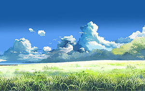 Serene Anime Summer Landscape With Lush Green Grass And Fluffy Clouds HD wallpaper