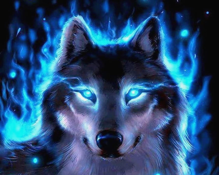 Mystical Wolf Portrait With Glowing Blue Eyes And Ethereal Flame Aura HD wallpaper