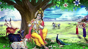 Krishna Playing Flute Under Tree With Cows And Peacock In Pastoral Landscape HD wallpaper