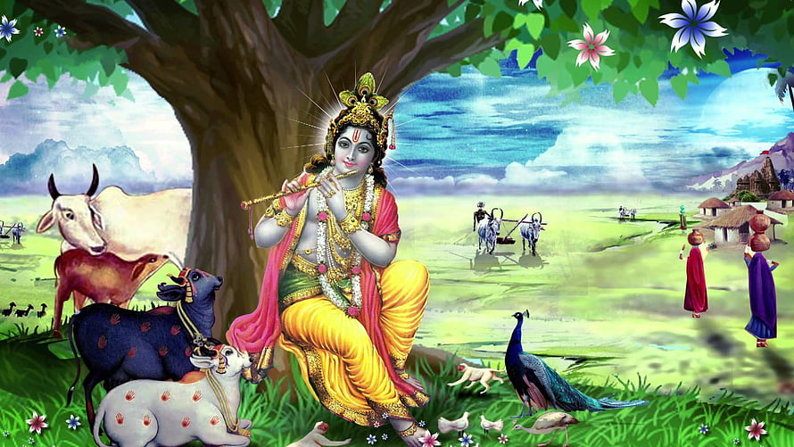 Krishna Playing Flute Under Tree With Cows And Peacock In Pastoral Landscape HD wallpaper