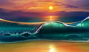Vibrant Ocean Sunset with Curling Waves and Golden Beach Reflection HD wallpaper