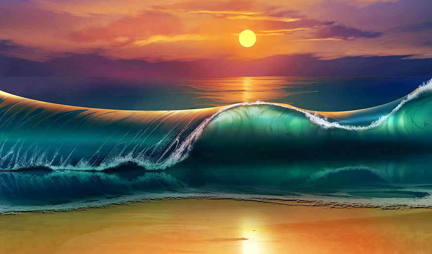Vibrant Ocean Sunset with Curling Waves and Golden Beach Reflection HD wallpaper