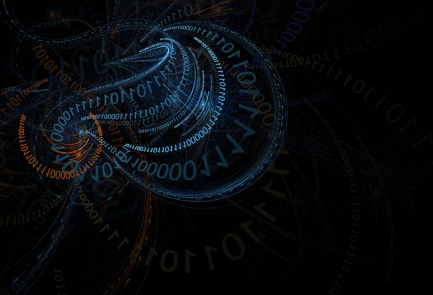 Abstract Binary Code Spiral with Glowing Blue and Orange Digital Data Streams on Dark Background HD wallpaper