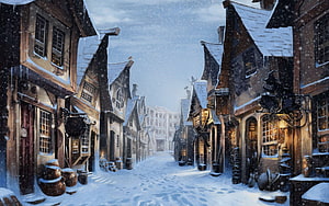 Snowy Medieval Street in the Harry Potter Wizarding World HD wallpaper