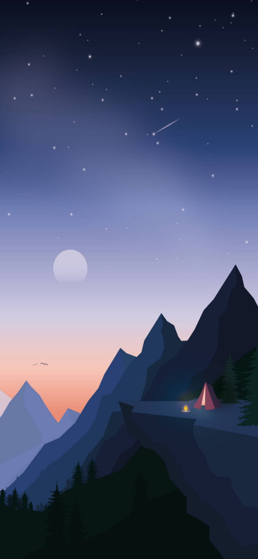 Minimalist Mountain Campsite at Night with Moon and Stars HD phone wallpaper