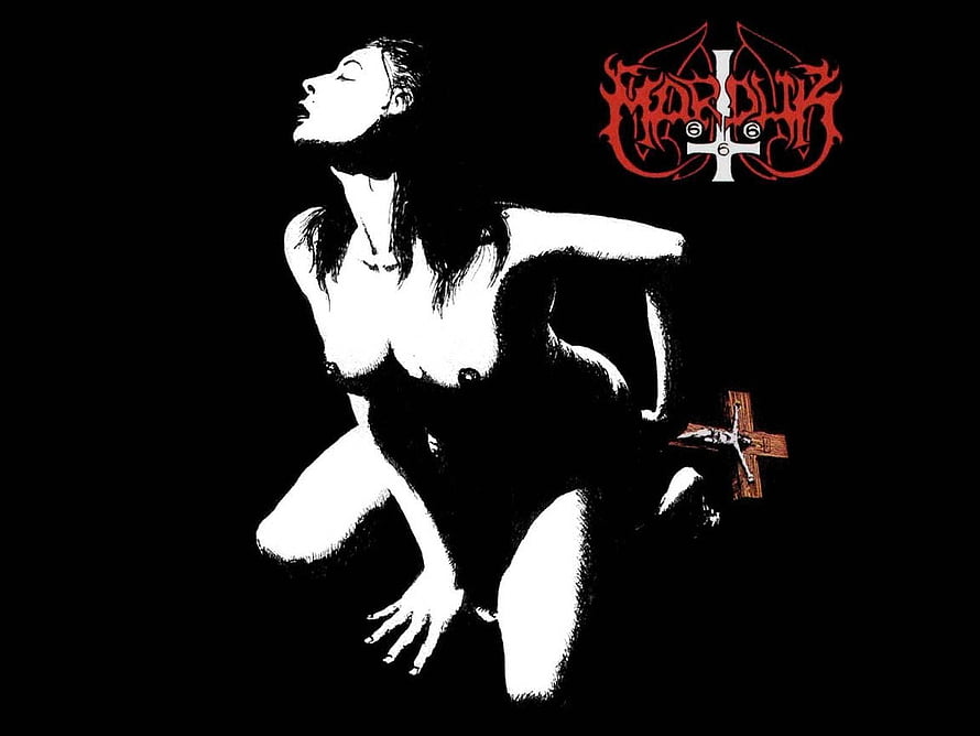 Marduk Black Metal Band Artwork Featuring High Contrast Female Figure and Cross HD wallpaper
