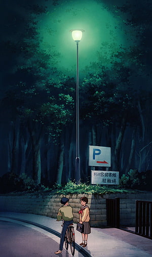 Whisper of the Heart Night Street Scene with Two Characters Under a Glowing Lamp Post HD phone wallpaper