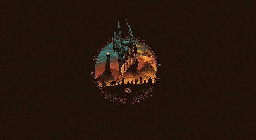 Sauron Minimalist Artwork from The Lord of the Rings with Silhouetted Figures HD wallpaper