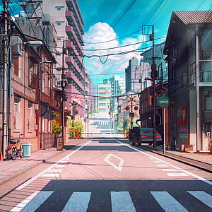 Anime Style Japanese City Street With Crosswalk, Power Lines, and Sunny Sky HD phone wallpaper