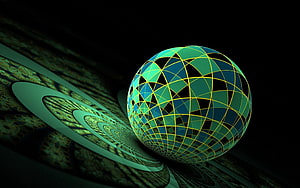 Geometric Wireframe Sphere with Green and Blue Facets on Dark Abstract Background HD wallpaper
