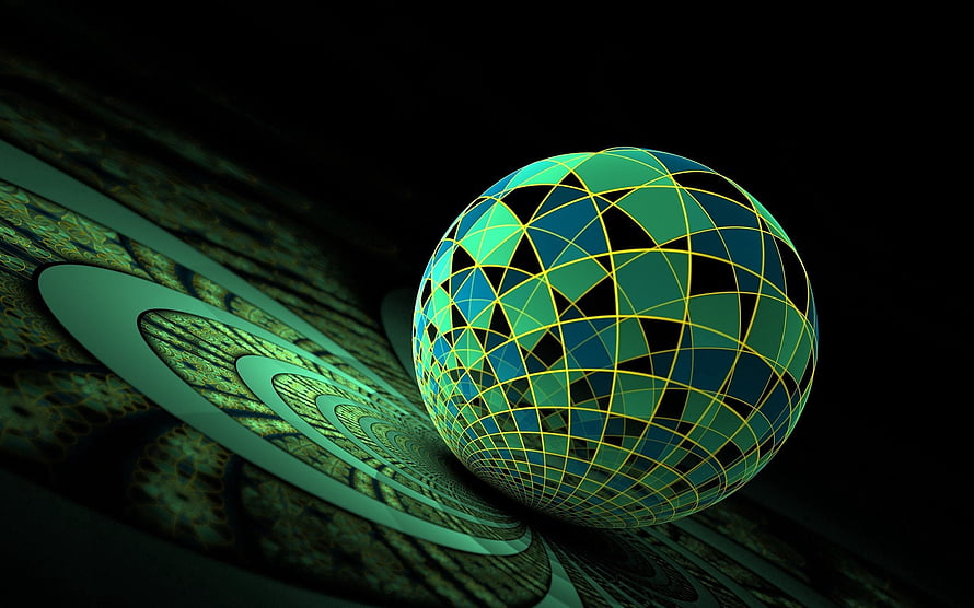 Geometric Wireframe Sphere with Green and Blue Facets on Dark Abstract Background HD wallpaper