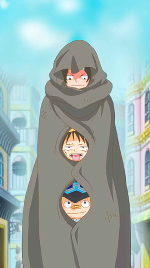 One Piece: Ace, Luffy, and Sabo Wrapped Together in a Grey Cloak on a City Street HD phone wallpaper