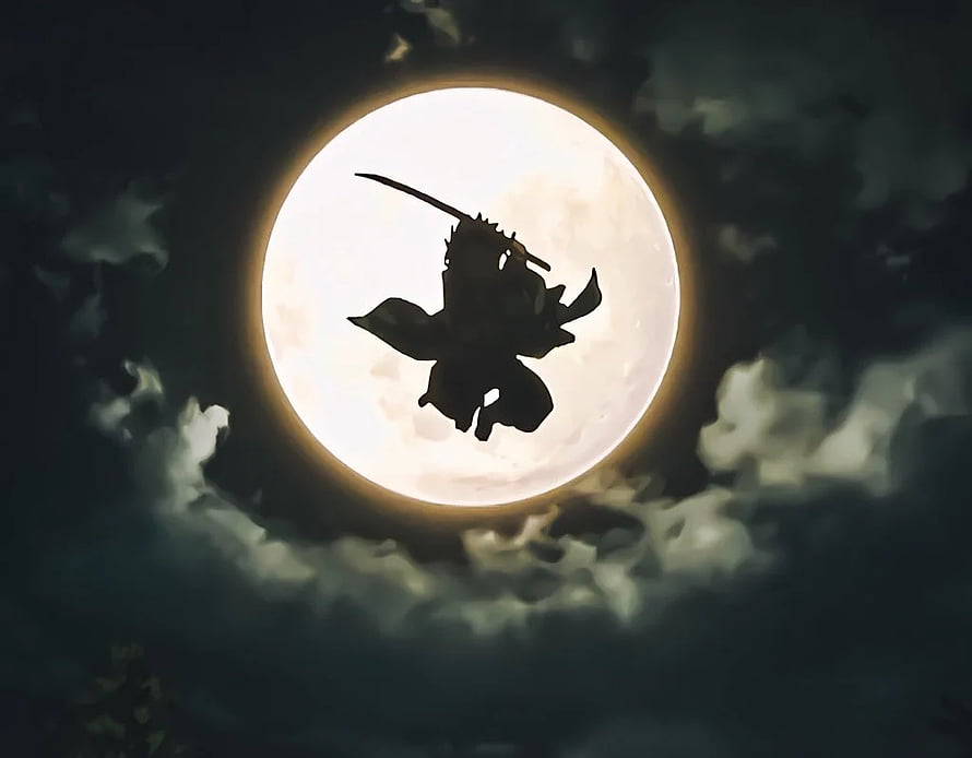 Demon Slayer Silhouette Leaping Against a Glowing Full Moon in a Dark Cloudy Night Sky HD wallpaper
