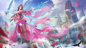Fantasy Warrior Woman in Pink Robes with Floating Swords and Mountain Waterfalls HD wallpaper
