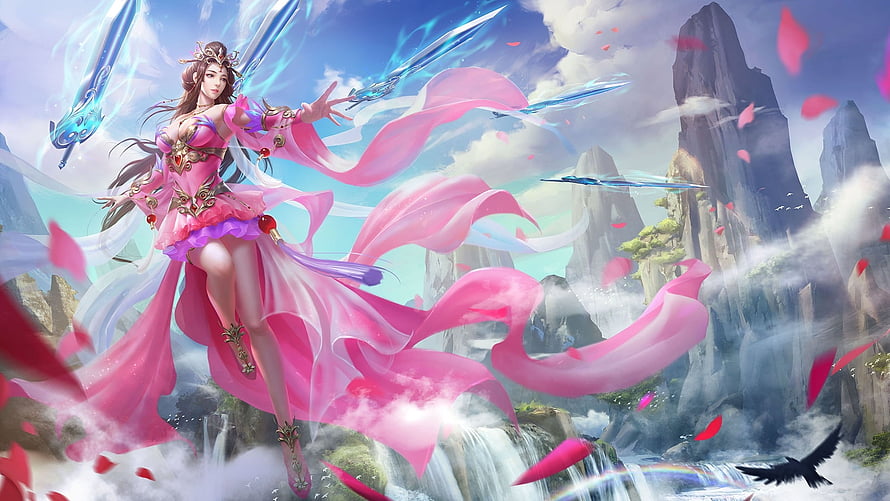 Fantasy Warrior Woman in Pink Robes with Floating Swords and Mountain Waterfalls HD wallpaper