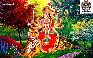 Goddess Durga Riding a Tiger in a Vibrant Garden with Traditional Indian Art Style HD wallpaper