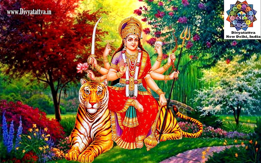 Goddess Durga Riding a Tiger in a Vibrant Garden with Traditional Indian Art Style HD wallpaper