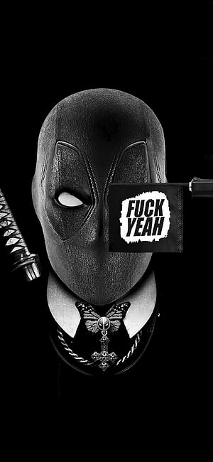 Monochrome Deadpool Portrait with Katana and Cross Necklace HD phone wallpaper