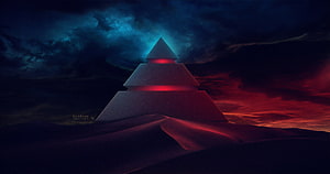 Elysium Futuristic Pyramid Structure in Dark Desert Landscape with Dramatic Red and Blue Sky HD wallpaper