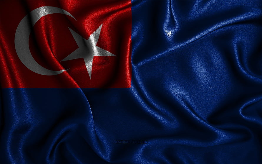 Johor State Flag of Malaysia in Wavy Silk Fabric with Red Canton and Blue Field HD wallpaper
