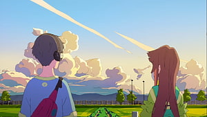 Words Bubble Up Like Soda Pop Anime Scene of Two Characters Watching Sunset Over Countryside HD wallpaper