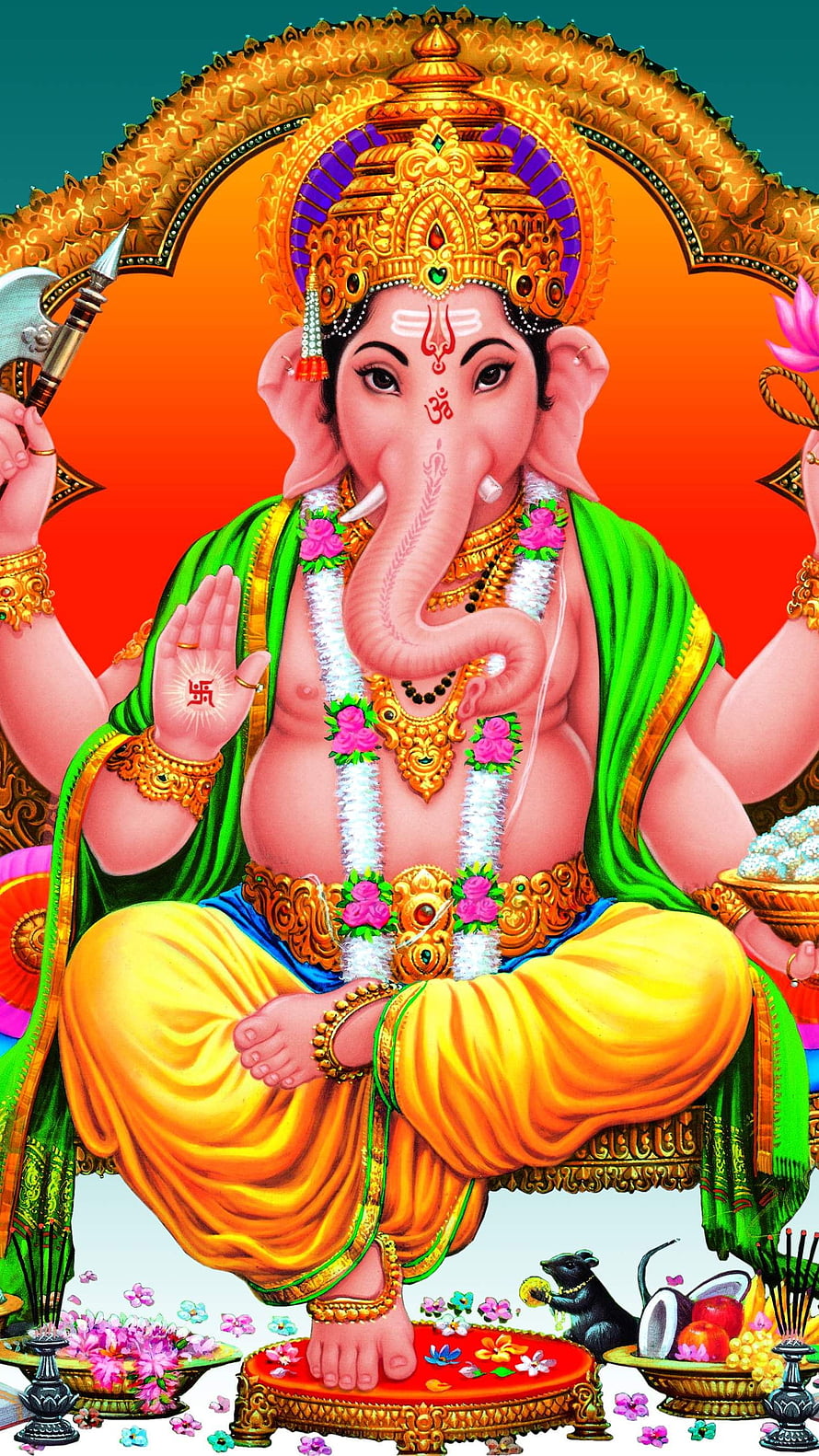 Lord Ganesha Seated on Golden Throne with Axe and Offerings in Vibrant Traditional Style HD phone wallpaper