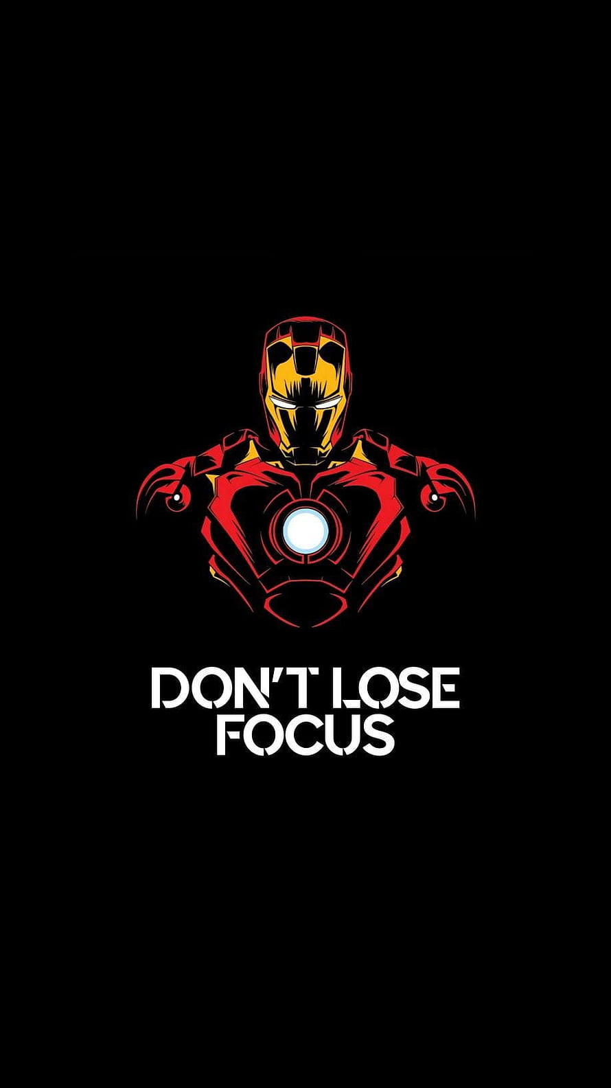 Iron Man Minimalist Armor Illustration with Motivational Focus Quote on Black Background HD phone wallpaper