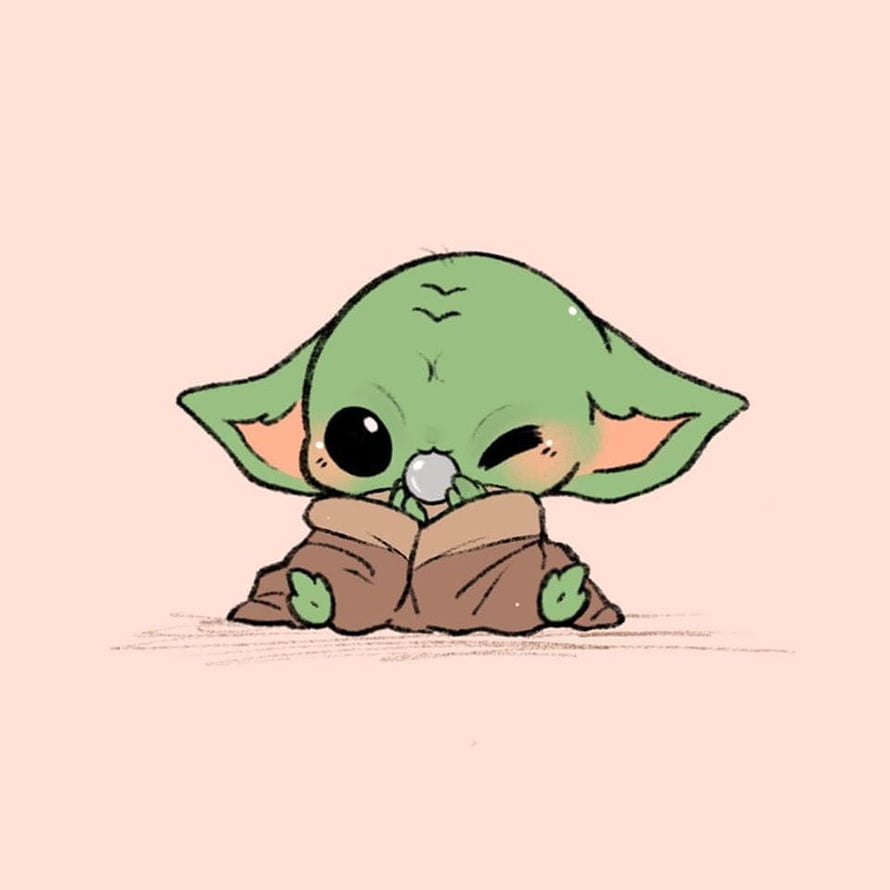 Cute Chibi Baby Yoda Winking and Sucking Thumb in Brown Robe HD phone wallpaper