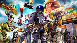 Fortnite Squad of Armored Characters and Creatures in Comic Style HD wallpaper