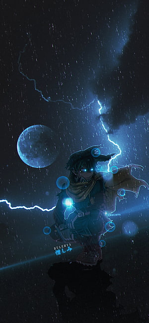 My Hero Academia Izuku Midoriya Anime Artwork Under Stormy Night Sky With Lightning And Moon HD phone wallpaper