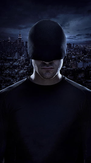 Daredevil Matt Murdock in Black Hoodie Against Nighttime City Skyline HD phone wallpaper
