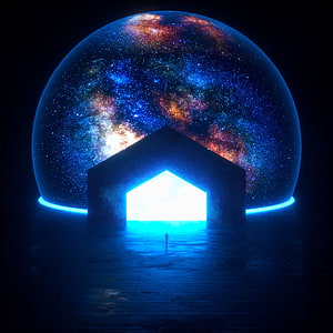 Lone Figure Standing Before Glowing Portal Under Cosmic Nebula Dome HD phone wallpaper