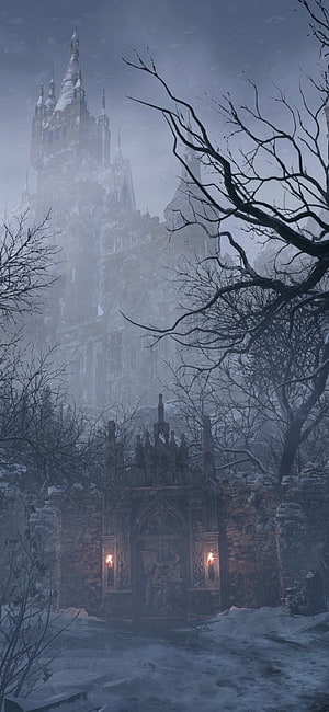 Resident Evil Village Gothic Castle in Snowy Winter Fog with Ornate Gate HD phone wallpaper