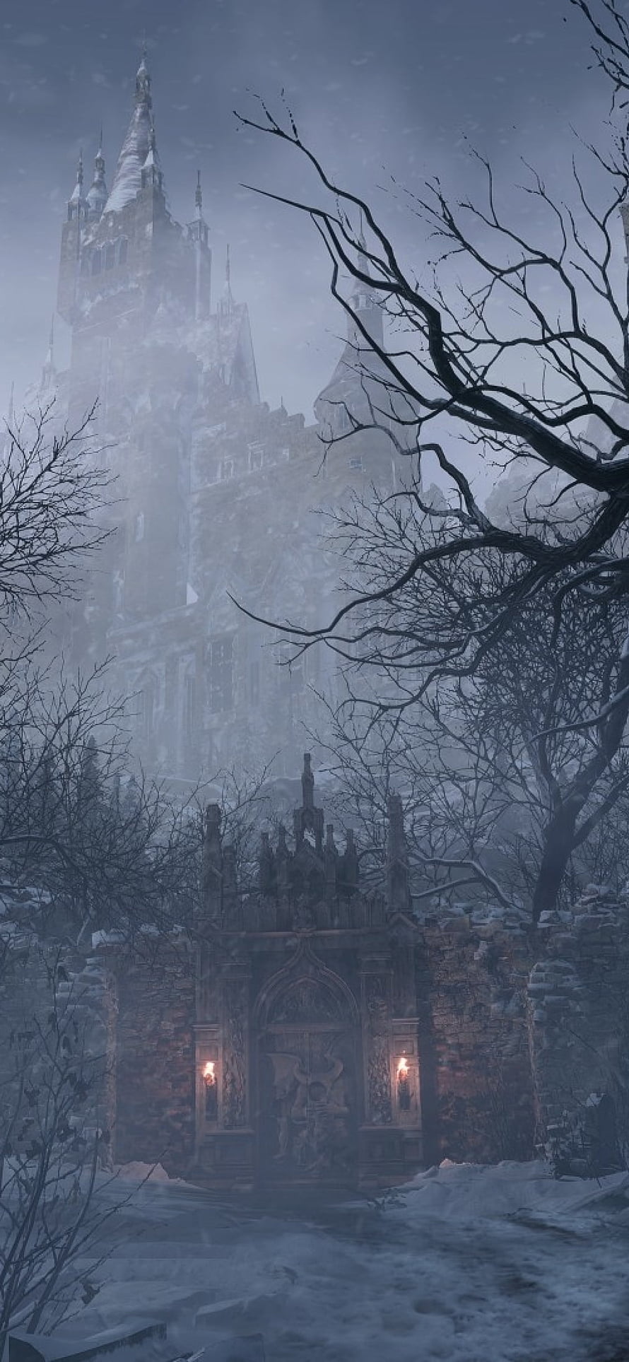 Resident Evil Village Gothic Castle in Snowy Winter Fog with Ornate Gate HD phone wallpaper