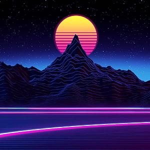 Retro Synthwave Mountain Landscape with Neon Sunset and Grid Horizon HD phone wallpaper