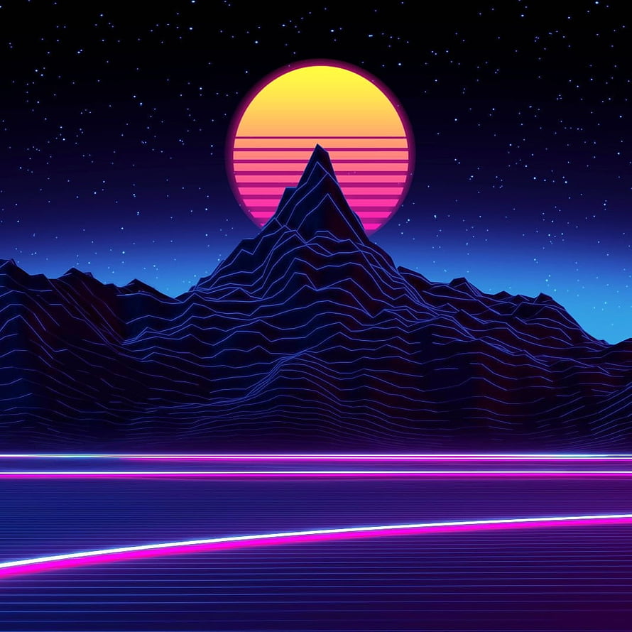 Retro Synthwave Mountain Landscape with Neon Sunset and Grid Horizon HD phone wallpaper