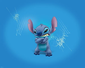 Stitch from Lilo and Stitch with a mischievous grin and electric sparks on a blue background HD wallpaper